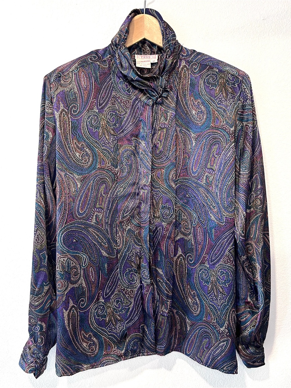 Tess Vintage 80s Purple Paisley Luxury Satin Blouse Office Working Girl Size 12